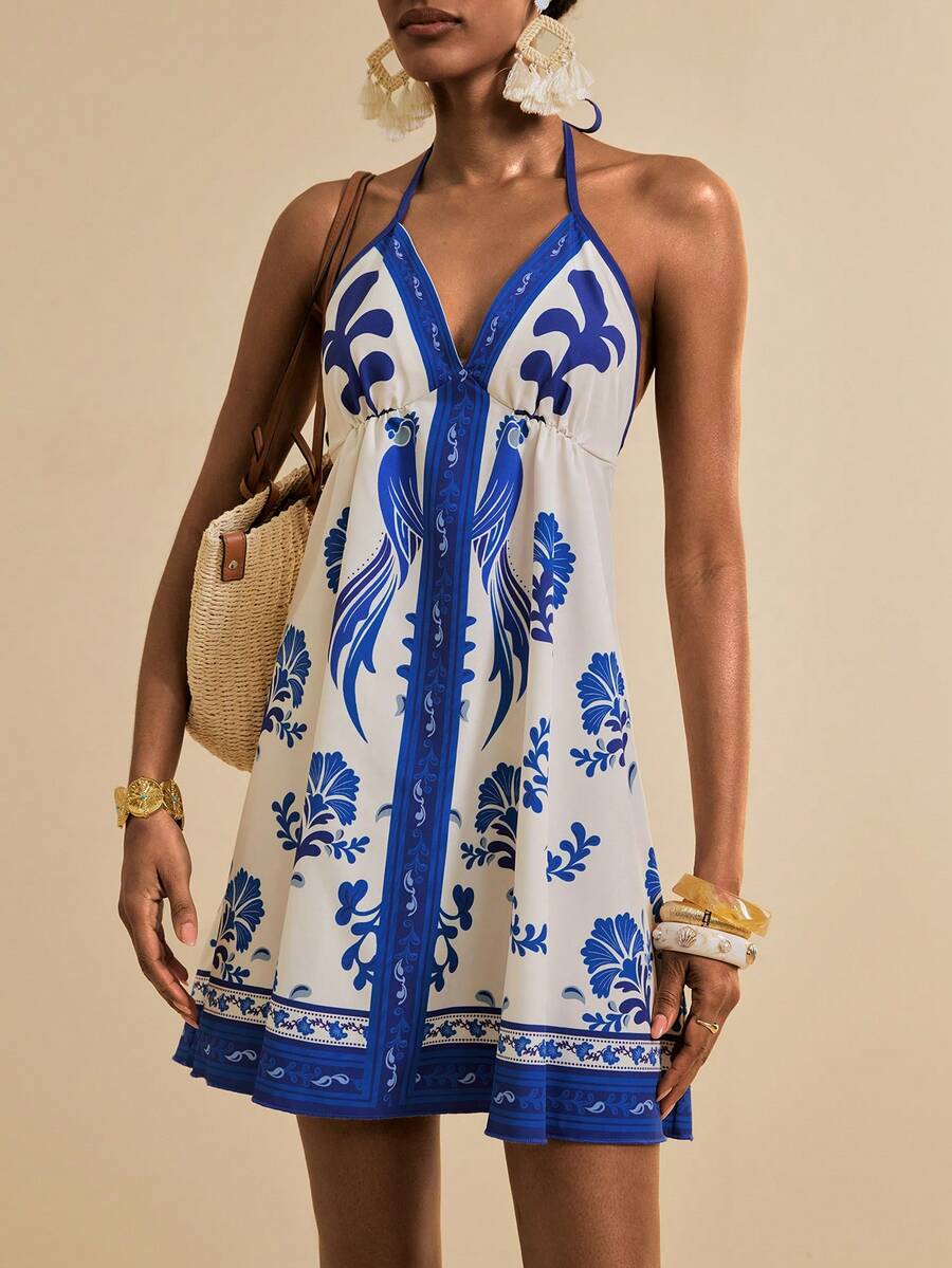 SHEIN Veneréa Women's Summer Beach Bohemian Blue & White Floral Parrot Print V-Neck Sleeveless Backless Strap Vacation Coverup Dress - Multicolor - View 1