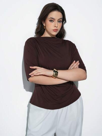 Maija Plus Size 2026 Spring/Summer New Brown Top, Asymmetric Shoulder Ruffle Design Short Sleeve, Fitted Silhouette, Versatile Casual Business Office Wear For Women, Loose Comfortable Modern Elegant Urban Romantic Dignified Vintage Style, Suitable For Wedding Guest, Birthday, Business, Casual, Date, Party, Valentine's Day