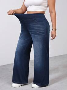 SHEIN Tall CURVE 高个加大码夏季和冬季女式高腰修身舒适弹力直筒宽松牛仔裤 舒适高弹针织直筒牛仔裤 - 深色水洗藍 - 查看 7