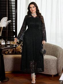 Modelyn Spitze, zart, intellektuell, sexy, romantisch, elegant, damenhaft, göttlich, schwarzes Langarm-Patchwork-Spitzenkleid mit Spitzeneinsätzen, figurbetontes Große Größen Kleid für Frauen - Schwarz - Übersicht 4