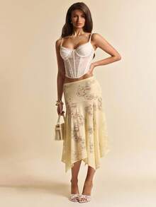 SHEIN BAE 杏色不对称下摆低腰蕾丝鱼尾裙，优雅杏色半身裙，适合派对、鸡尾酒会、生日礼服、伴娘礼服、婚礼宾客着装，春夏款。 - 杏色 - 查看 6