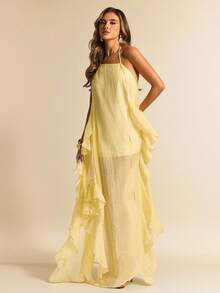 SHEIN BAE 黄色不对称肩部荷叶边下摆长款沙滩连衣裙，夏季度假连衣裙 - 黃色 - 查看 2