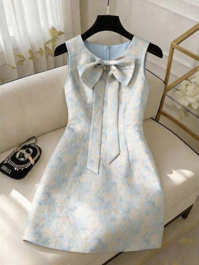 GlowEve Women's Fashionable Summer Textured Blue Sleeveless Bow Tie Short Dress, Suitable For Daily Outings, Dates, And Holidays