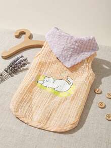 PETSIN Pale Yellow Cute Slouchy Cat English Print & Plaid Pet Sleeveless Vest Top, Breathable & Lightweight For Dogs, Spring/Summer - Multicolor - View 4