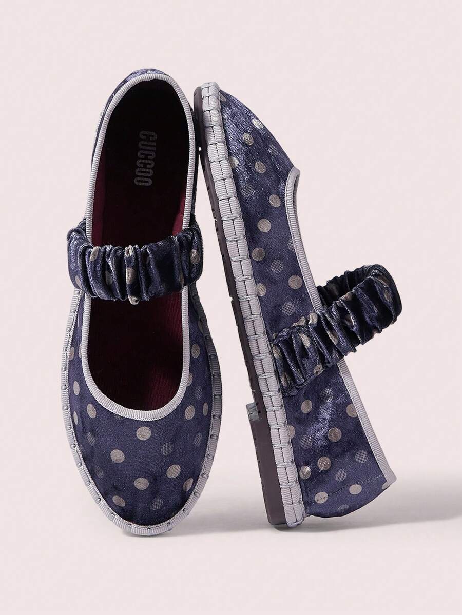 CUCCOO DOLLMOD 女士亮橙色优雅天鹅绒经典舒适褶皱弹力玛丽珍平底鞋 - 紫色波點 - 查看 1