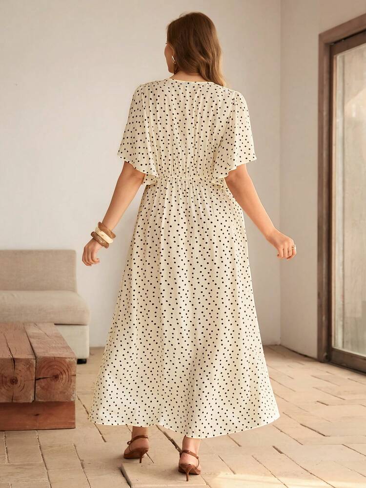 Roveilla Vestido Longo Feminino Plus Size Romântico com Bolinhas, Decote em V, Ajuste de Cintura com Botão, Bainha com Fenda, Manga Bufante, Elegante Estilo Francês Retrô para Escritório, Passeio, Casual, Férias, Chá da Tarde, Rua, Minimalista, Versátil, Primavera/Verão, Novo - Damasco - Visão 2