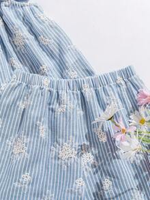 Sparklyn Tween Girl Embroidered Striped Ruffle Trim Top And Shorts Cute Set - Blue - View 5