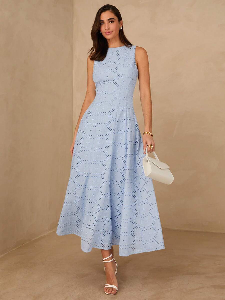 Enchnt Women's Elegant Waist Cinched Embroidered Dress, Suitable For Parties And Events - Blue - View 1