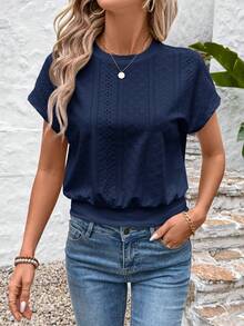 SHEIN LUNE 春季白色提花面料浪漫约会度假女士短款T恤 - 藏蓝色 - 查看 5