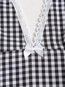 Sweetra New Elegant French Black & White Plaid V-Neck Umbrella Hem Mini Dress, Suitable For Commuting And Everyday Wear - Black and White - View 5