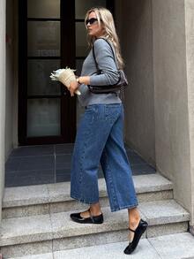 SHEIN Jeans premaman a vita elastica, ampi, in colore unito, con tasche, versatili, adatti per primavera-estate, San Valentino, carnevale, pendolarismo, vacanze, laurea, stile Y2K carino, feste, matrimoni, eleganti e casual, comodi, taglie comode, in misto cotone traspirante e vestibilità morbida per donne in gravidanza - Blu - Visualizzare 6