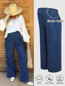 SHEIN Pregnant Women's Casual Everyday Loose Fit Pocket Denim Wide Leg Pants Spring To Summer Valentine's Day Carnival Costume Commuting Vacation Graduation Chic Y2k Cute Streetwear Party Wedding Elegant Business Casual Woman Women Wide Leg Jeans Pull On Elastic Waist Denim Pants With Pockets - Blue - View 8