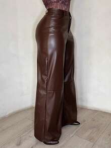 Dayanna Comas 女士皮革女裤纯色前扣简约休闲裤、日常穿着、女士下装 - 咖啡棕 - 查看 3