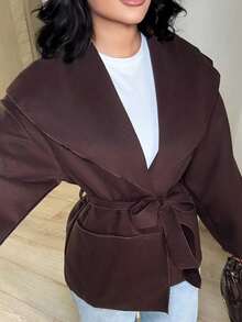 Dayanna Comas Women's Elegant Commuting Warmth And Simplicity Brown Coat Front Tie Long Sleeve Pocket Casual Jacket, Everyday Wear In Fall/Winter - Brown - View 5