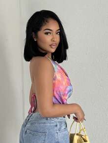 Alexandranx Tie-Dye Print Draped Neck Sleeveless Crop Top, Vacation Style For Women - Multicolor - View 6