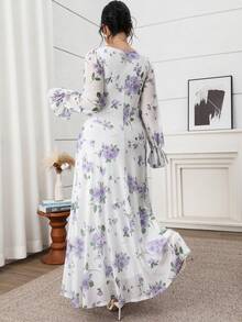 Modelyn 大码女式印花喇叭袖荷叶边下摆优雅连衣裙 - 淡紫色 - 查看 3