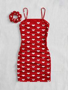 SHEIN 1pc Heart Print Ruffle Elegant Party Dress With 1pc Hair Scrunchie For Young Girls