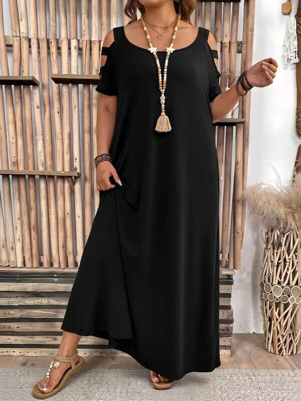 EMERY ROSE Rochie casual din tricot, cu mânecă scurtă, cu guler rotund, de mărime plus, elegantă pentru purtare zilnică și naveta