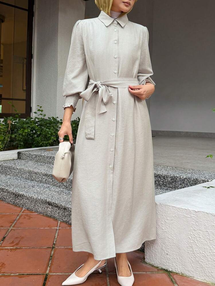 Women's Casual Solid Color Waist Tie Midi Dress, Spring/Summer Wedding Guest Dress Sundress