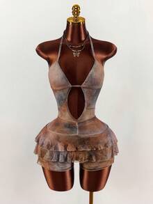 Amplova Women's Tie-Dye Print Halter Neck Jumpsuit, Sexy & Avant-Garde For Vacation, Retro & Cute With Ruffle Hem - Multicolor - View 3