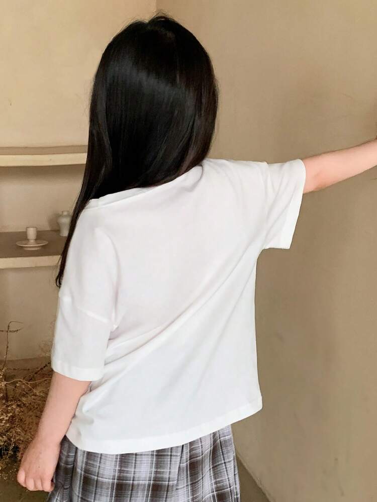 Young Girls Floral Embroidery Casual Fringe Trim Round Neck Short Sleeve T-Shirt Spring