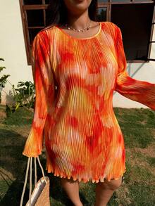 SHEIN EZwear 大码女式印花圆领长袖时尚连衣裙 - 橘色 - 查看 3