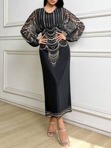 Al Najma 女士V领印花优雅长袖阿拉伯连衣裙 - 黑色 - 查看 4