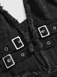 ROMWE Grunge Punk 不对称流苏拼接格子牛仔露背连衣裙 - 彩色 - 查看 3