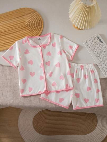 2 piezas Conjunto informal de top de manga corta con estampado de corazón y cuello con volantes de color contrastante, y shorts para niña joven, color rosa y blanco