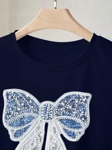 Lalippa 女士休闲日常通勤时尚仿珍珠串珠刺绣蝴蝶结贴花短袖T恤，夏季 - 藏蓝色 - 查看 4