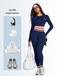 Dewbera Dewbera 2pcs Women's Navy Blue And White Workout Sets,Seamless Autumn Athleisure,Long Sleeve Crop Top And High Waist Leggings,Contrast Stripe Gym Sportswear - Royal Blue - View 1