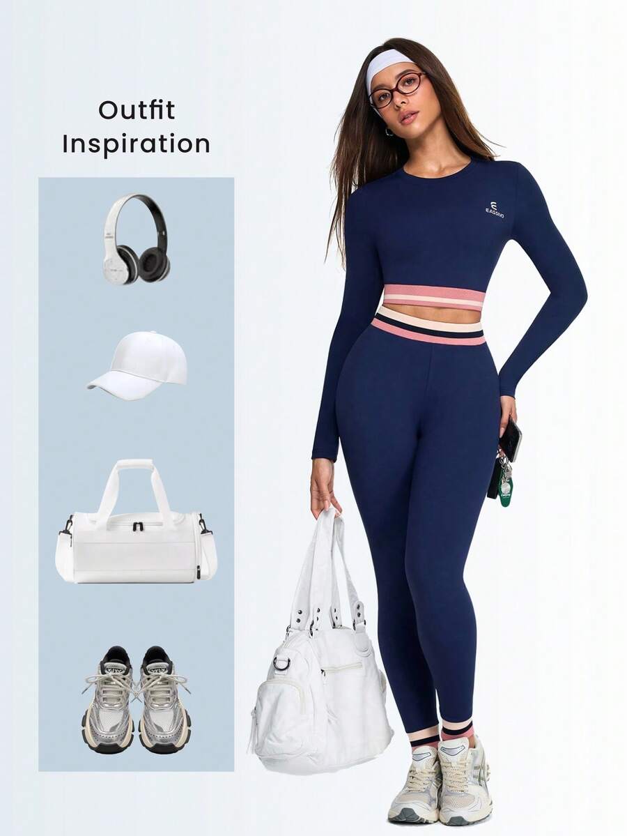 Dewbera Dewbera 2pcs Women's Navy Blue And White Workout Sets,Seamless Autumn Athleisure,Long Sleeve Crop Top And High Waist Leggings,Contrast Stripe Gym Sportswear - Royal Blue - View 1