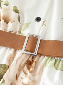 GlowEve Women's Rose Print Waist Tie A-Line Contrast Collar Elegant Everyday Vacation Commute Fashion Valentine's Day Date French Street Retro Versatile Party Brown Rose Print Early Spring/Autumn Sleeveless Mid-Length Dress - Multicolor - View 4