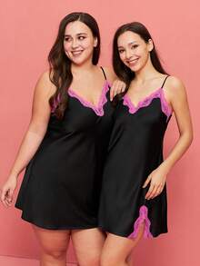 LUVLETTE Sexy Silky Satin Luxurious Lace Trim Black V-Neck Strappy Camisole Loungewear Slip Dress Airy Nightdress Lingerie Valentine's Day Gifts - Black - View 10