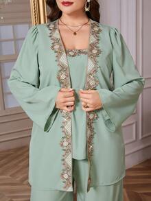 Reflora Completo da donna taglie forti, 2 pezzi, elegante outfit con decorazioni in strass viola, adatto per feste, autunno/inverno - Verde - Visualizzare 3