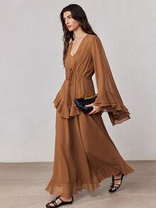 ZEYLAH Elegante vestido romántico con cuello en V, cintura fruncida y volantes en el bajo, para primavera/verano - Marrón - Ver 7
