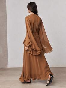 ZEYLAH Elegante vestido romántico con cuello en V, cintura fruncida y volantes en el bajo, para primavera/verano - Marrón - Ver 3