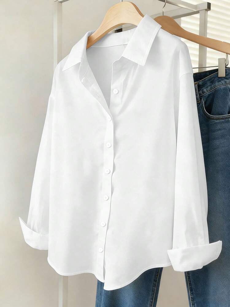 Airaco Women Solid Color Simple Style Button-Up Daily Shirt Fall Cloth For Women - White - View 1