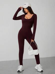 SHEIN PETITE Spring Scoop Neck Black Long Sleeve Bodysuit Jumpsuit - Red Violet - View 8