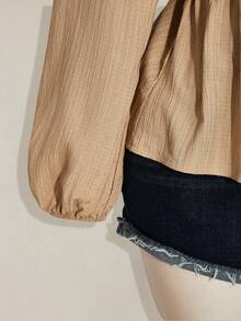 SHEIN ICON 大码女式扭结纹理黑色灯笼袖上衣 - 杏色 - 查看 5