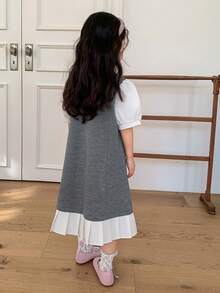 DAZY Young Girl' Collared Color Block Ruffle Trim Casual Patchwork Korean Style Puff Sleeve Dress - Grey - View 2