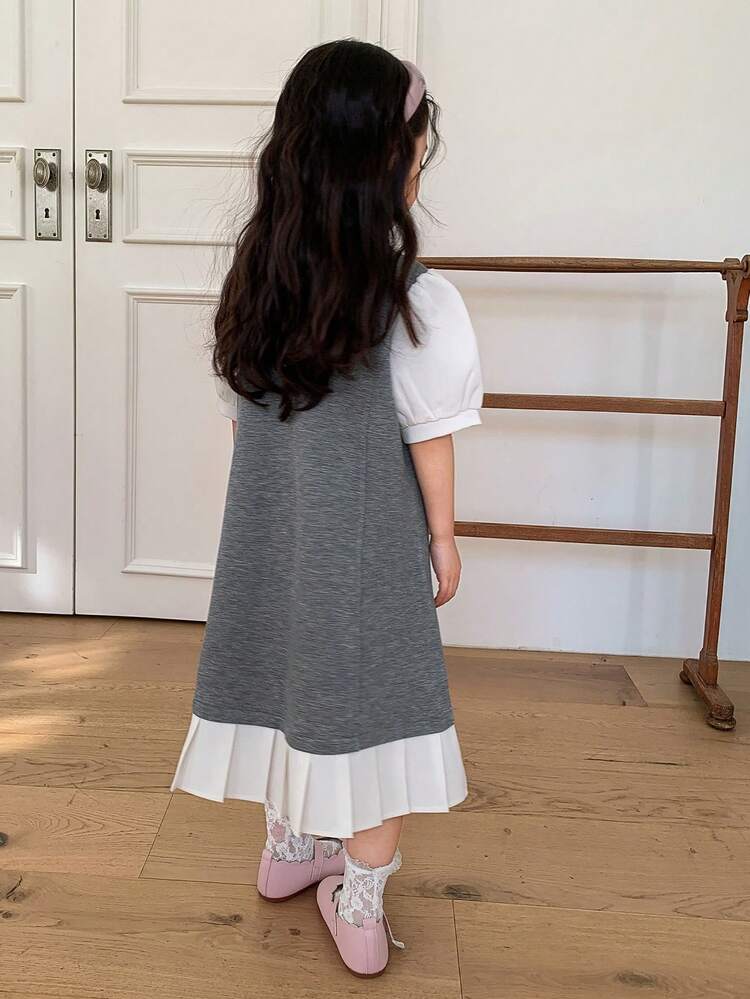 Young Girl' Collared Color Block Ruffle Trim Casual Patchwork Korean Style Puff Sleeve Dress
