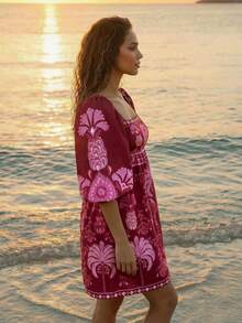 CAJUNI Women's Palm Tree Print Square Neck Lantern Sleeve Fashionable Mini Dress, Suitable For Vacation - Burgundy - View 4