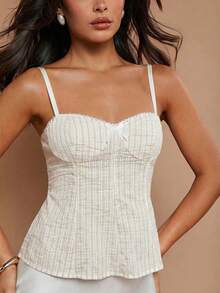 COSMINA Striped & Lace Patchwork Fitted Camisole Top, Summer - Apricot - View 1