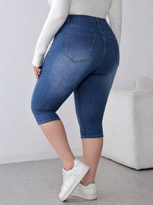 SHEIN PETITE CURVE 春夏大码纯色休闲牛仔裤 - 深色水洗藍 - 查看 3