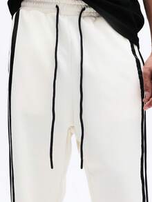 SUMWON 撞色侧条纹运动裤，饰有品牌标志字母，休闲抽绳腰带，宽松版型运动裤 - 米色 - 查看 7
