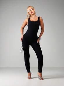 Missguided x Playboy Rhinestone Bunny Logo Scoop Neck Sleeveless Full Length Jumpsuit Fitted Straight Leg High Rise One Piece Outfit - Black - View 4