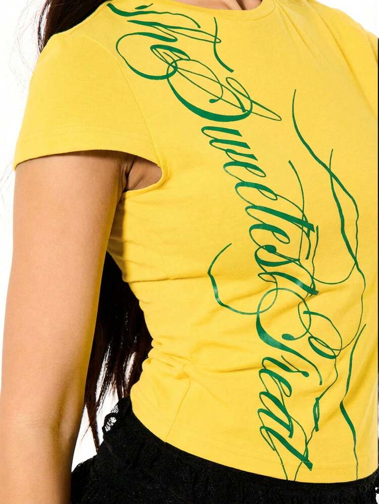 SUMWON WOMEN Bright Cropped Baby Tee With Green Script Print Round Neck Short Sleeves Casual Spring Summer Top - Yellow - View 2