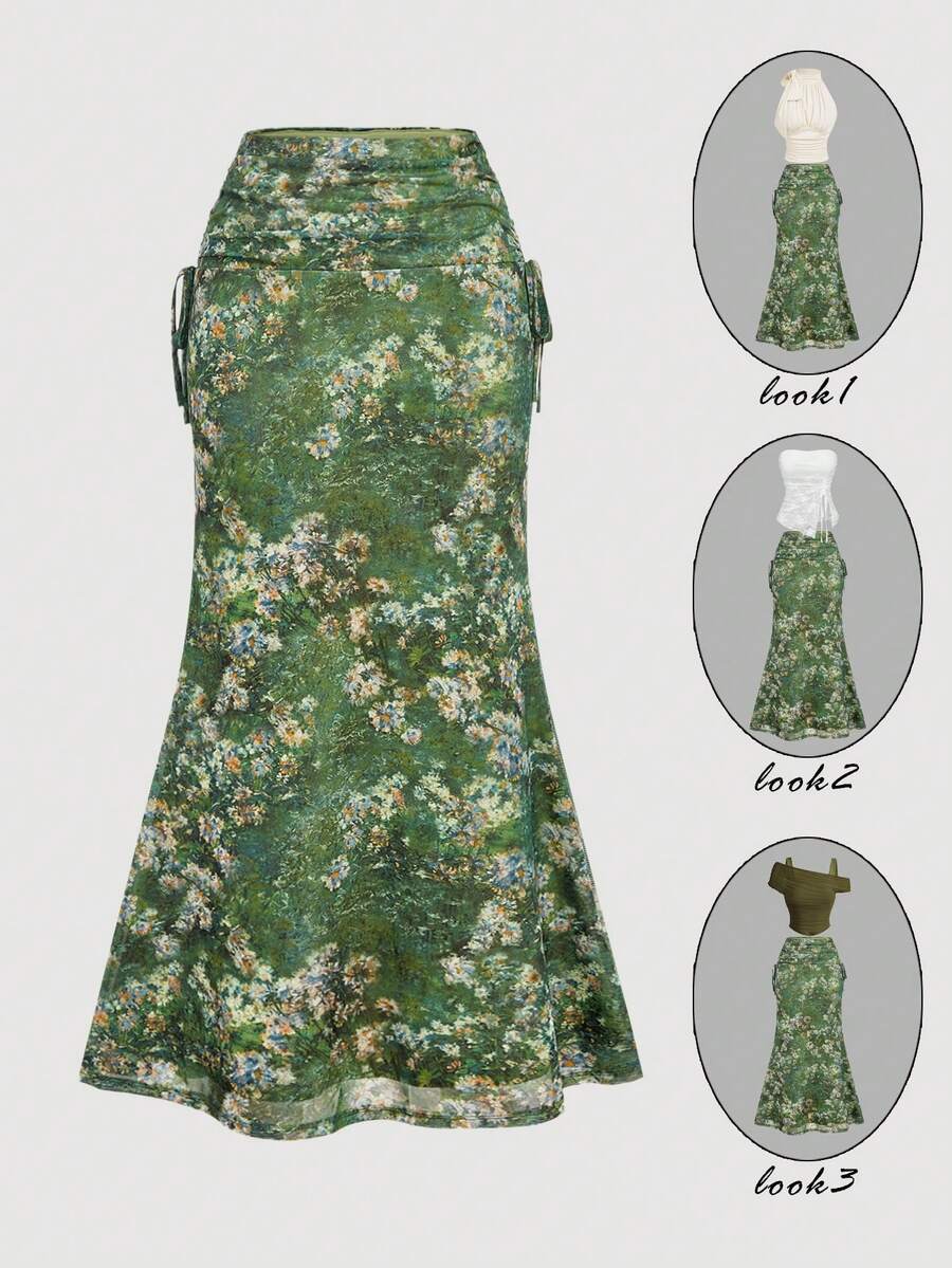 SHEIN MOD 绿色油画花卉图案高腰侧抽绳褶皱美人鱼中长裙 – 复古浪漫长裙，完美适用于度假、约会、野餐、派对、舞会、节日和生日穿着；浪漫可爱的绿色花卉中长裙，印花裙，女士花卉裙，夏季裙，度假裙，情人节，狂欢节服装 - 綠色 - 查看 1