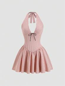 Sweetra Women's Sweet Polka Dot Halter Tie Waist Shirred Dress - Pink - View 1